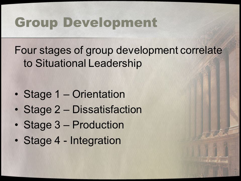 Group Development Four stages of group development correlate to Situational Leadership Stage 1 – Orientation Stage 2 – Dissatisfaction Stage 3 – Production Stage 4 - Integration