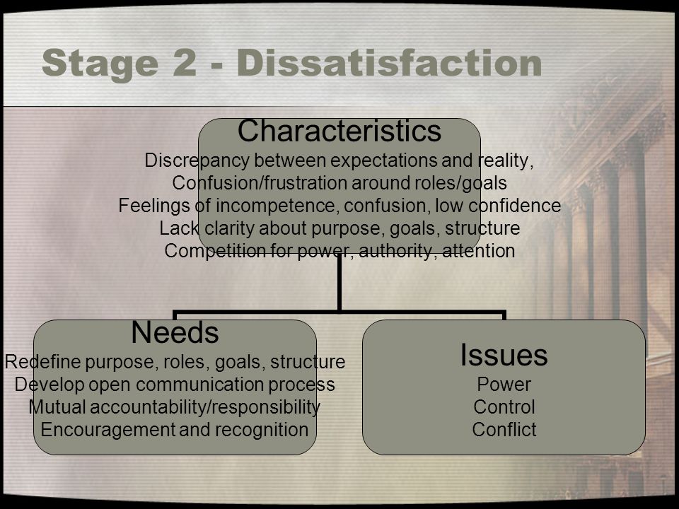 Stage 2 - Dissatisfaction Characteristics Discrepancy between expectations and reality, Confusion/frustration around roles/goals Feelings of incompetence, confusion, low confidence Lack clarity about purpose, goals, structure Competition for power, authority, attention Needs Redefine purpose, roles, goals, structure Develop open communication process Mutual accountability/responsibility Encouragement and recognition Issues Power Control Conflict