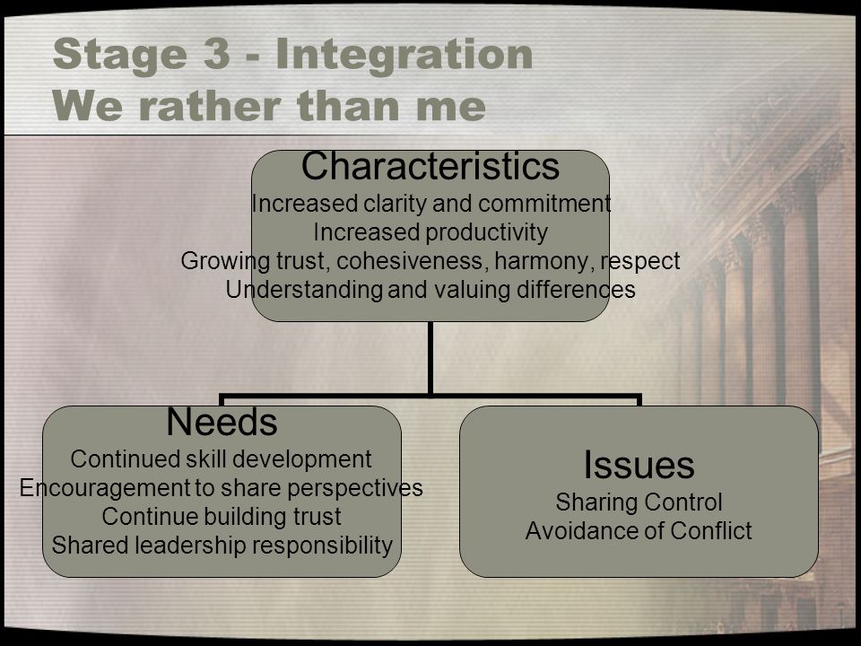 Stage 3 - Integration We rather than me Characteristics Increased clarity and commitment Increased productivity Growing trust, cohesiveness, harmony, respect Understanding and valuing differences Needs Continued skill development Encouragement to share perspectives Continue building trust Shared leadership responsibility Issues Sharing Control Avoidance of Conflict