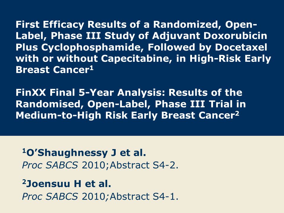 First Efficacy Results of a Randomized, Open- Label, Phase III Study of Adjuvant Doxorubicin Plus Cyclophosphamide, Followed by Docetaxel with or without Capecitabine, in High-Risk Early Breast Cancer 1 FinXX Final 5-Year Analysis: Results of the Randomised, Open-Label, Phase III Trial in Medium-to-High Risk Early Breast Cancer 2 1 O’Shaughnessy J et al.