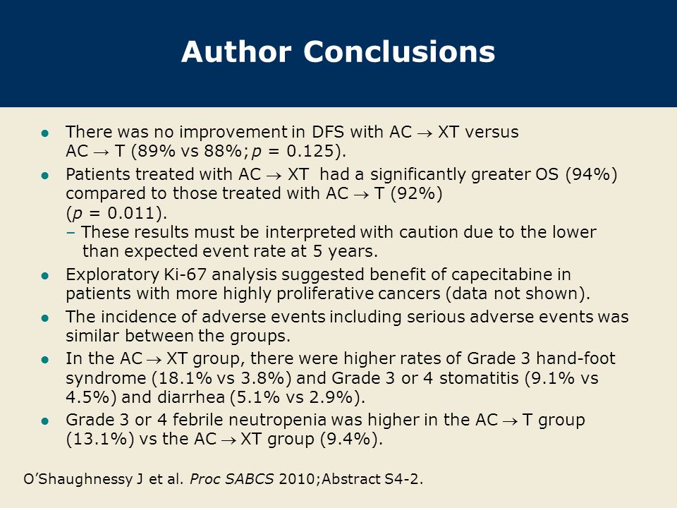 Author Conclusions There was no improvement in DFS with AC  XT versus AC → T (89% vs 88%; p = 0.125).