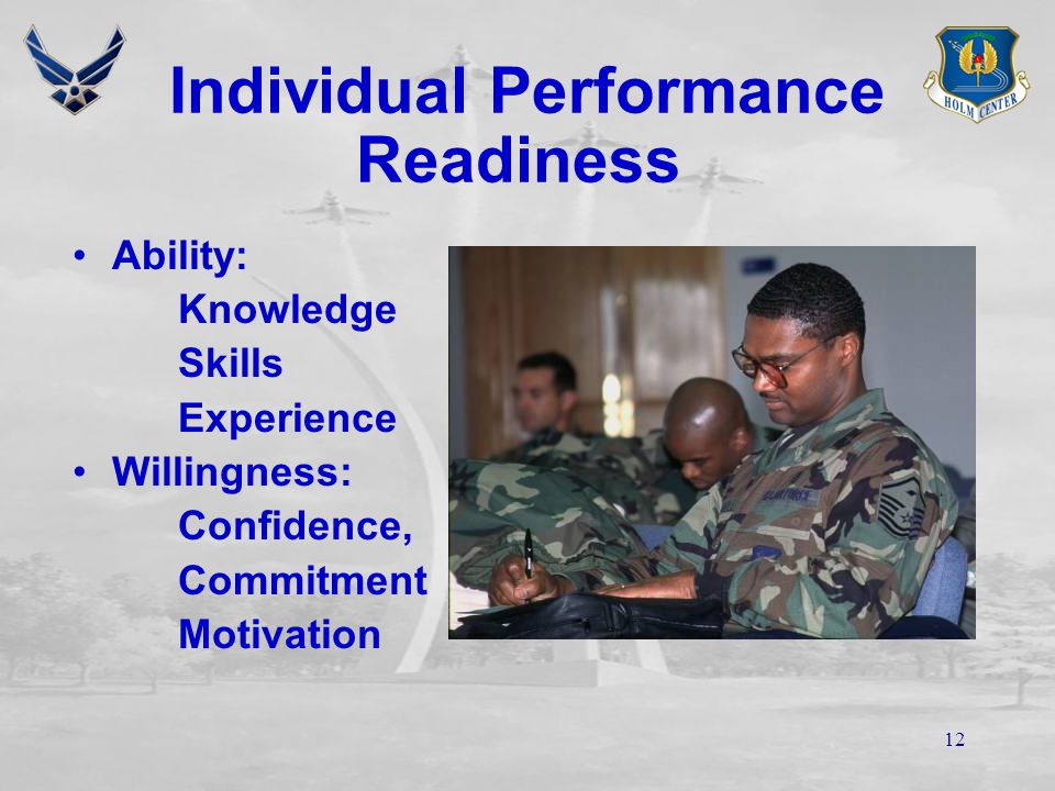 11 S3 S1 S4 S2 Low Relationship/ Low Task Behavior High Task/ Low Relationship Behavior High Task/ High Relationship Behavior High Relationship/ Low Task Behavior PROGRESSION TOWARD PERFORMANCE READINESS (High)(Low)(Moderate) R4 R1 R2 R3 THE FOUR LEADERSHIP STYLES (High ) TASK BEHAVIOR(High)(Low) RELATIONSHIPBEHAVIORRELATIONSHIPBEHAVIOR FOLLOWERS