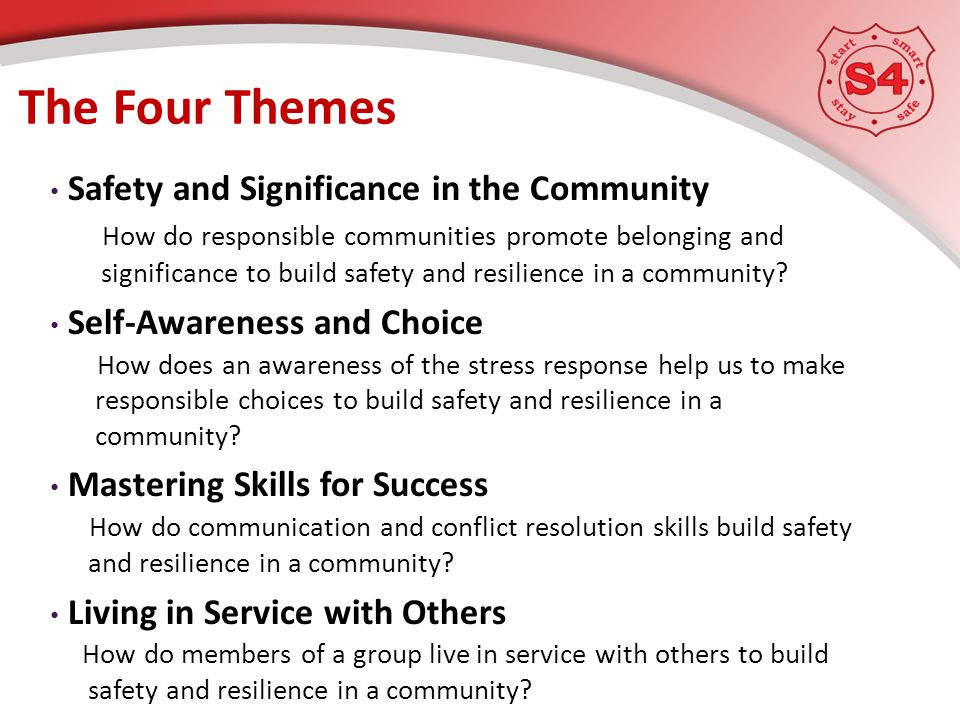 The Four Themes Safety and Significance in the Community How do responsible communities promote belonging and significance to build safety and resilience in a community.