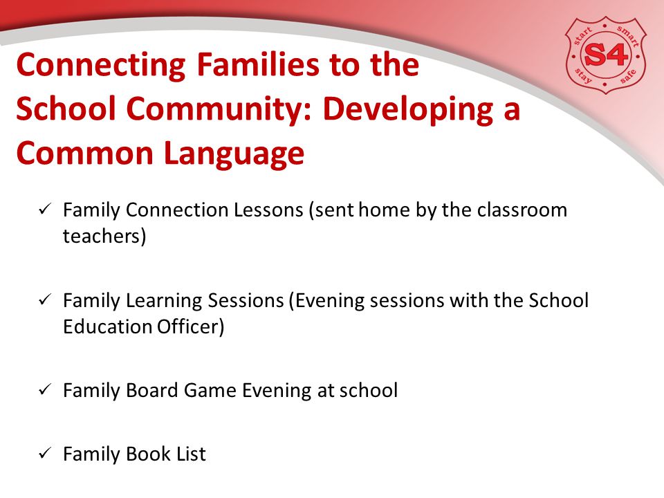 Family Connection Lessons (sent home by the classroom teachers) Family Learning Sessions (Evening sessions with the School Education Officer) Family Board Game Evening at school Family Book List Connecting Families to the School Community: Developing a Common Language