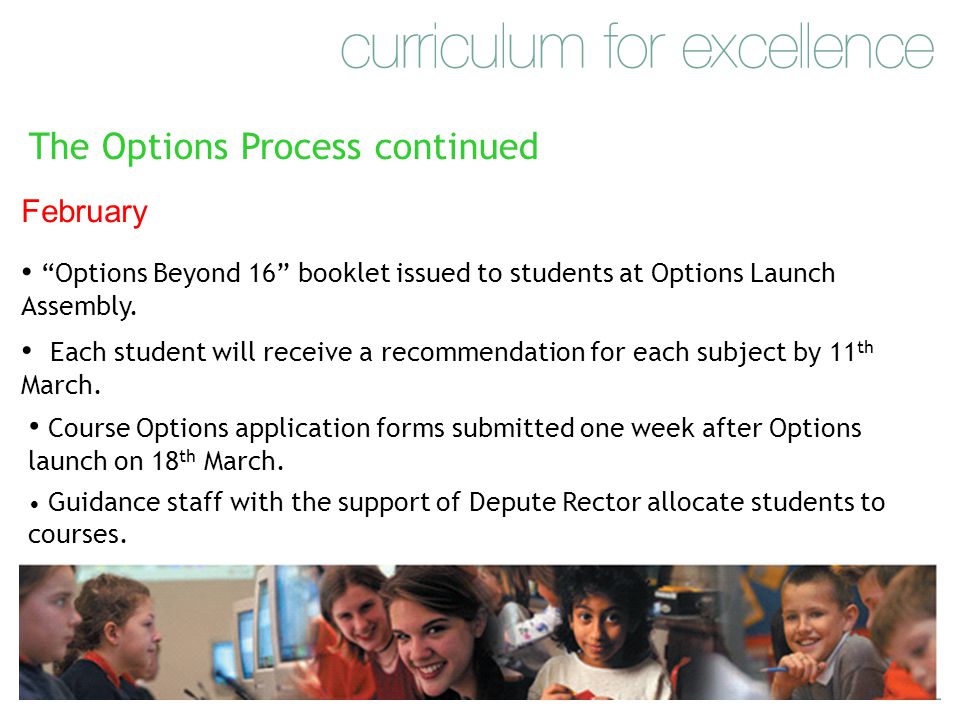 The Options Process continued February Options Beyond 16 booklet issued to students at Options Launch Assembly.