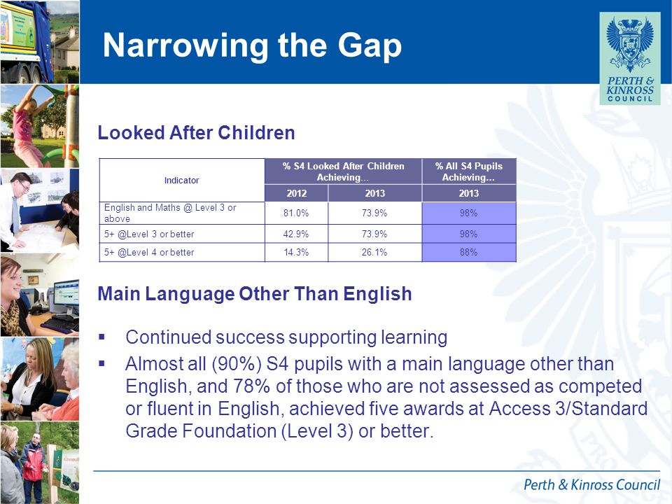 Looked After Children Main Language Other Than English  Continued success supporting learning  Almost all (90%) S4 pupils with a main language other than English, and 78% of those who are not assessed as competed or fluent in English, achieved five awards at Access 3/Standard Grade Foundation (Level 3) or better.