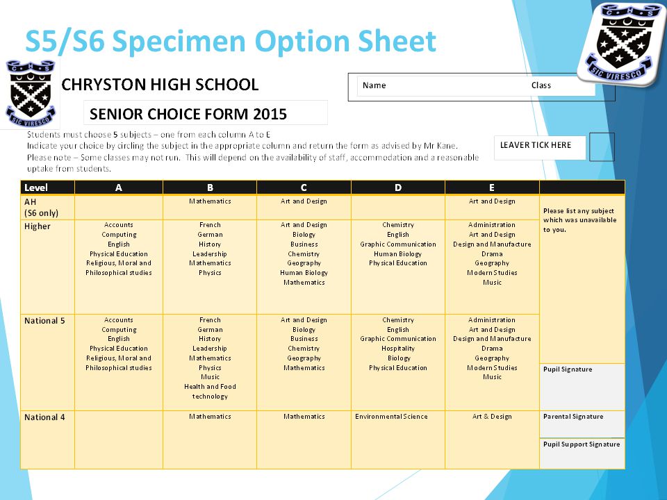 S5/S6 Specimen Option Sheet