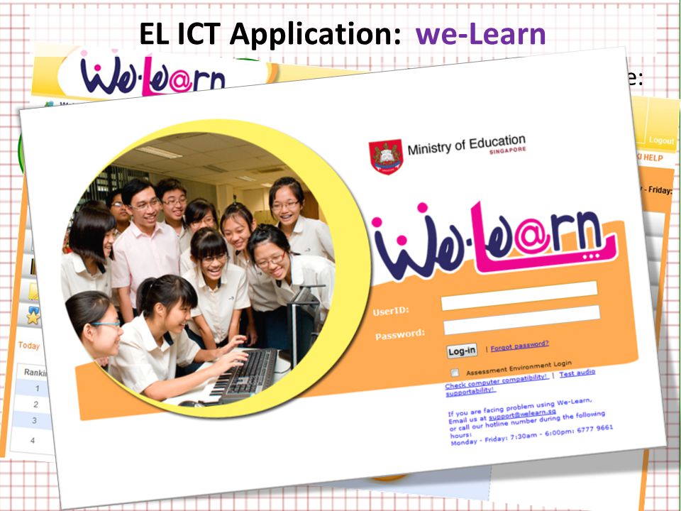 we- Learn we- Speak we- Listen we- Read we- Register we- Quiz Main Target Audience: Pupils in the NT course For teachers to create e-assignments and e-assessments for teaching and assessing specific language skills Colourful and attractive Easy to use Teacher-created resources EL ICT Application: we-Learn