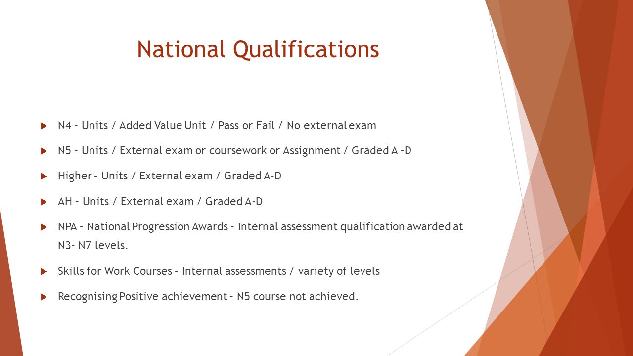 National Qualifications  N4 – Units / Added Value Unit / Pass or Fail / No external exam  N5 – Units / External exam or coursework or Assignment / Graded A –D  Higher – Units / External exam / Graded A-D  AH – Units / External exam / Graded A-D  NPA – National Progression Awards – Internal assessment qualification awarded at N3- N7 levels.