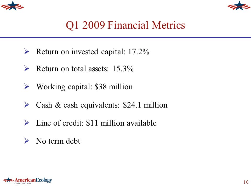 10 Q Financial Metrics  Return on invested capital: 17.2%  Return on total assets: 15.3%  Working capital: $38 million  Cash & cash equivalents: $24.1 million  Line of credit: $11 million available  No term debt