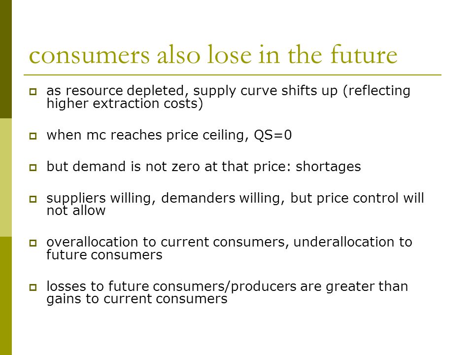 consumers also lose in the future  as resource depleted, supply curve shifts up (reflecting higher extraction costs)  when mc reaches price ceiling, QS=0  but demand is not zero at that price: shortages  suppliers willing, demanders willing, but price control will not allow  overallocation to current consumers, underallocation to future consumers  losses to future consumers/producers are greater than gains to current consumers