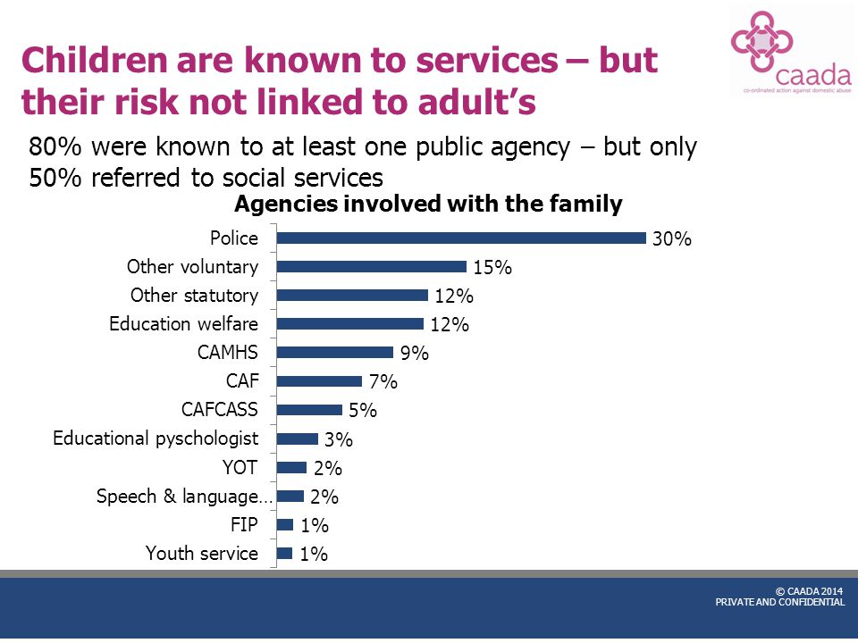 © CAADA 2014 PRIVATE AND CONFIDENTIAL Children are known to services – but their risk not linked to adult’s 80% were known to at least one public agency – but only 50% referred to social services