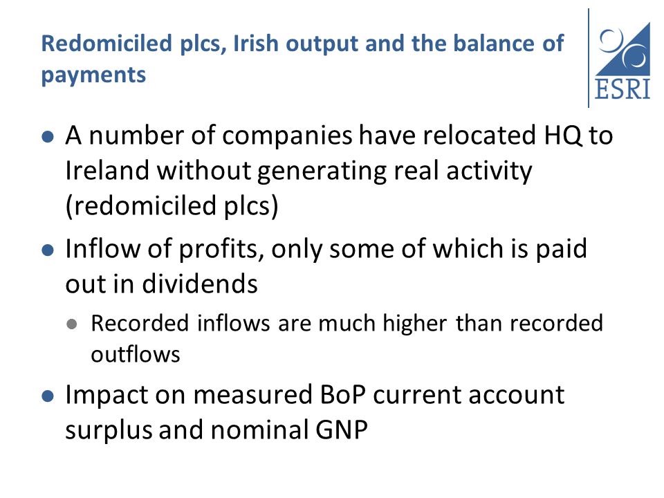 Redomiciled plcs, Irish output and the balance of payments A number of companies have relocated HQ to Ireland without generating real activity (redomiciled plcs) Inflow of profits, only some of which is paid out in dividends Recorded inflows are much higher than recorded outflows Impact on measured BoP current account surplus and nominal GNP
