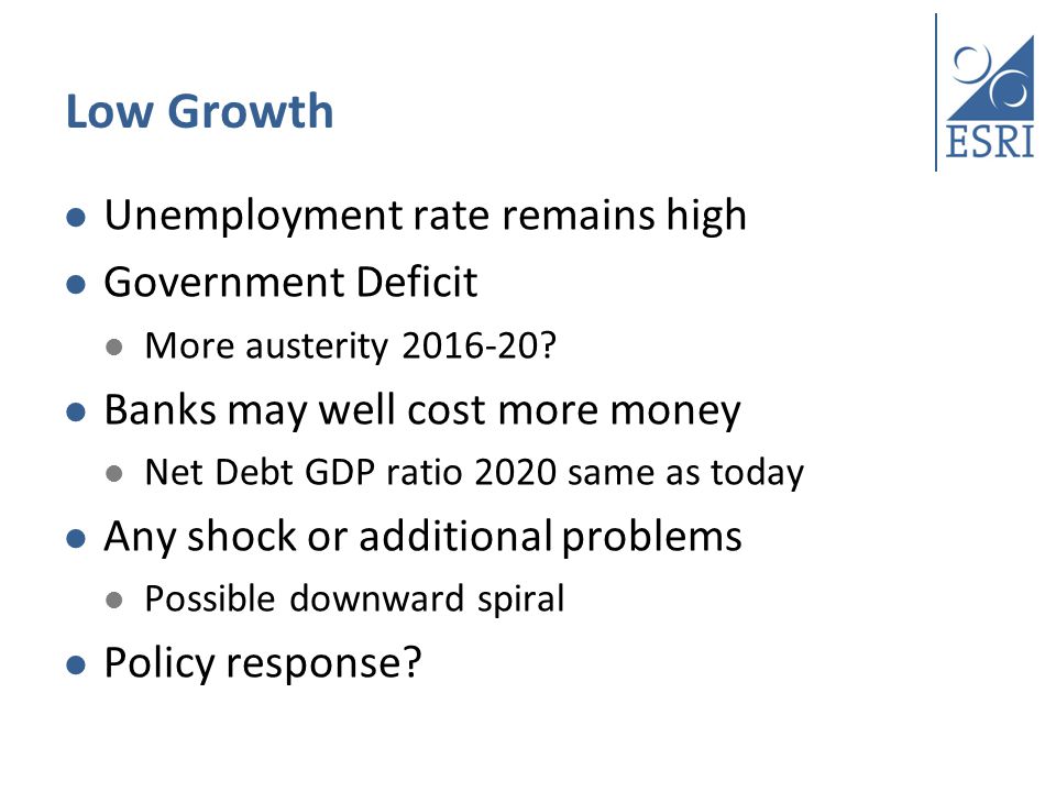 Low Growth Unemployment rate remains high Government Deficit More austerity