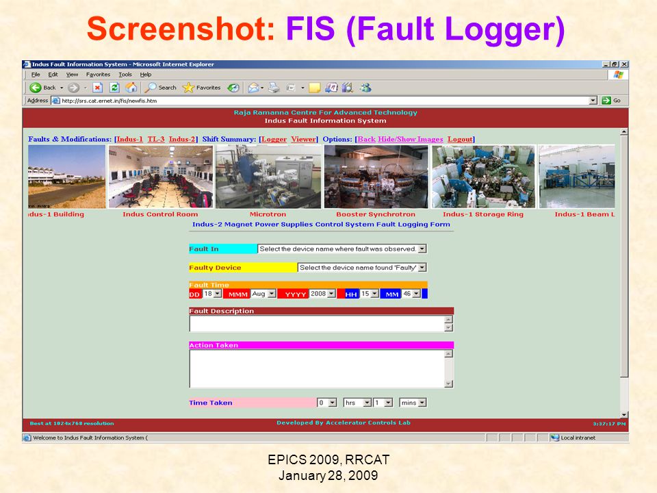 EPICS 2009, RRCAT January 28, 2009 Screenshot: FIS (Fault Logger)