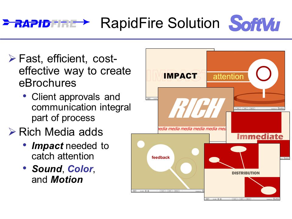 RapidFire Solution  Fast, efficient, cost- effective way to create eBrochures Client approvals and communication integral part of process  Rich Media adds Impact needed to catch attention Sound, Color, and Motion