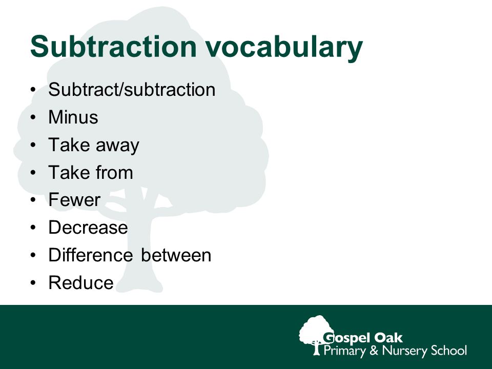 Subtraction vocabulary Subtract/subtraction Minus Take away Take from Fewer Decrease Difference between Reduce
