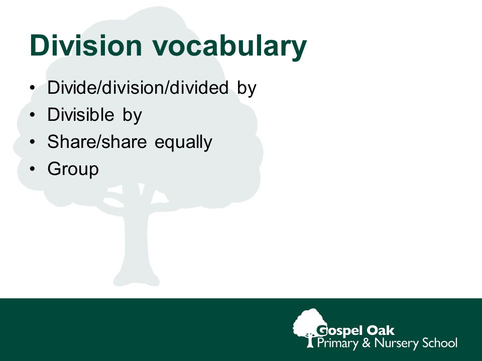 Division vocabulary Divide/division/divided by Divisible by Share/share equally Group