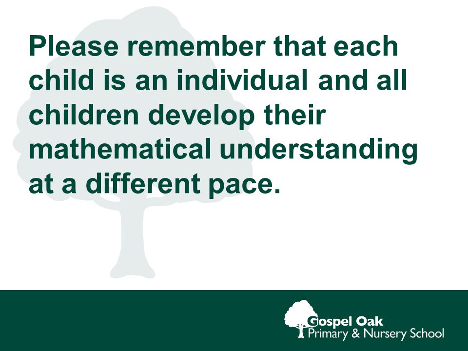 Please remember that each child is an individual and all children develop their mathematical understanding at a different pace.