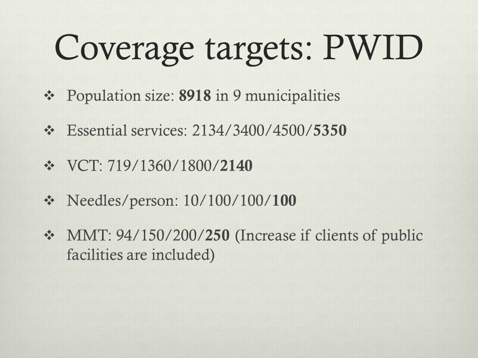 Coverage targets: PWID  Population size: 8918 in 9 municipalities  Essential services: 2134/3400/4500/ 5350  VCT: 719/1360/1800/ 2140  Needles/person: 10/100/100/ 100  MMT: 94/150/200/ 250 (Increase if clients of public facilities are included)