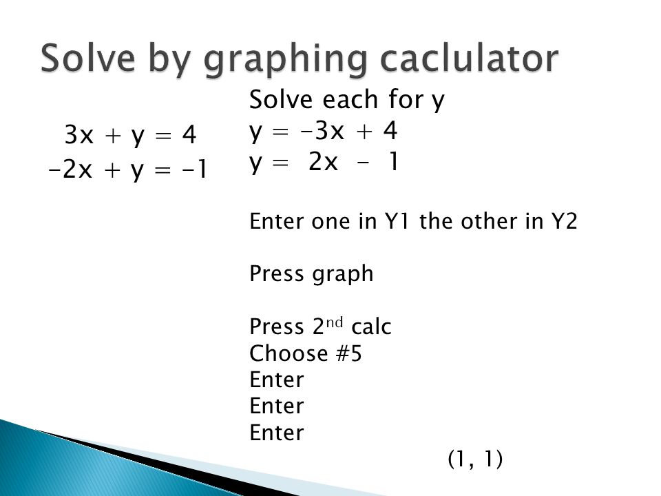 3x + y = 4 -2x + y = -1 Solve each for y y = -3x + 4 y = 2x - 1 Enter one in Y1 the other in Y2 Press graph Press 2 nd calc Choose #5 Enter (1, 1)