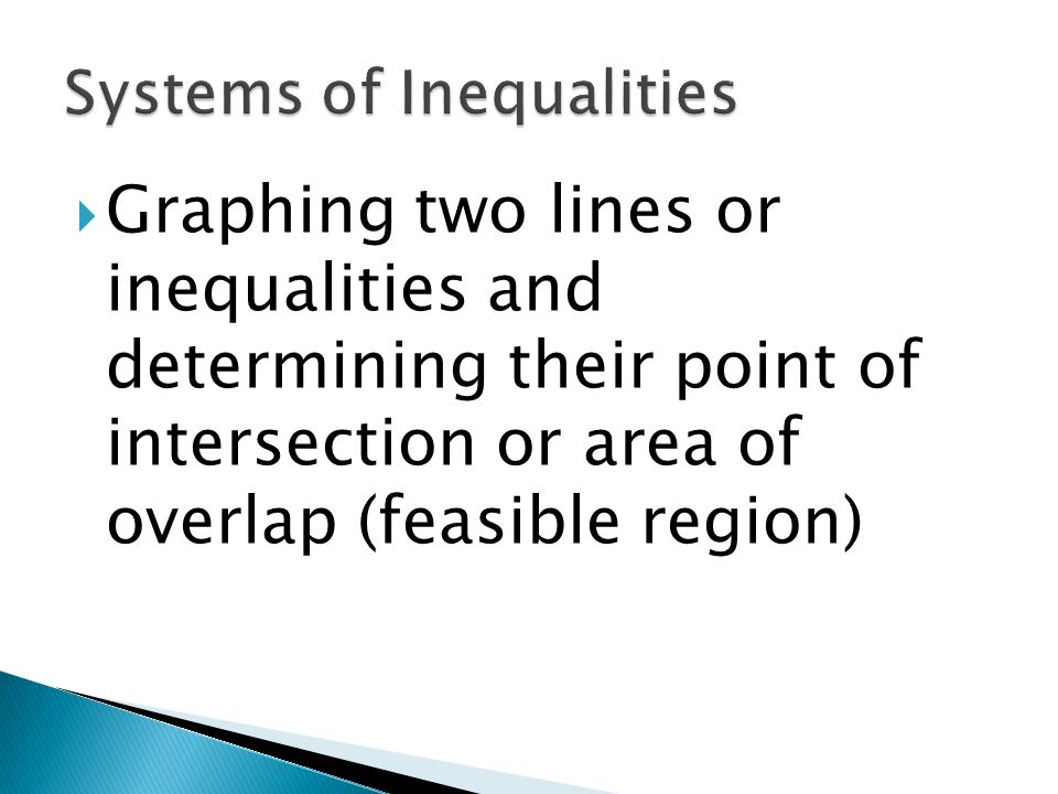  Graphing two lines or inequalities and determining their point of intersection or area of overlap (feasible region)