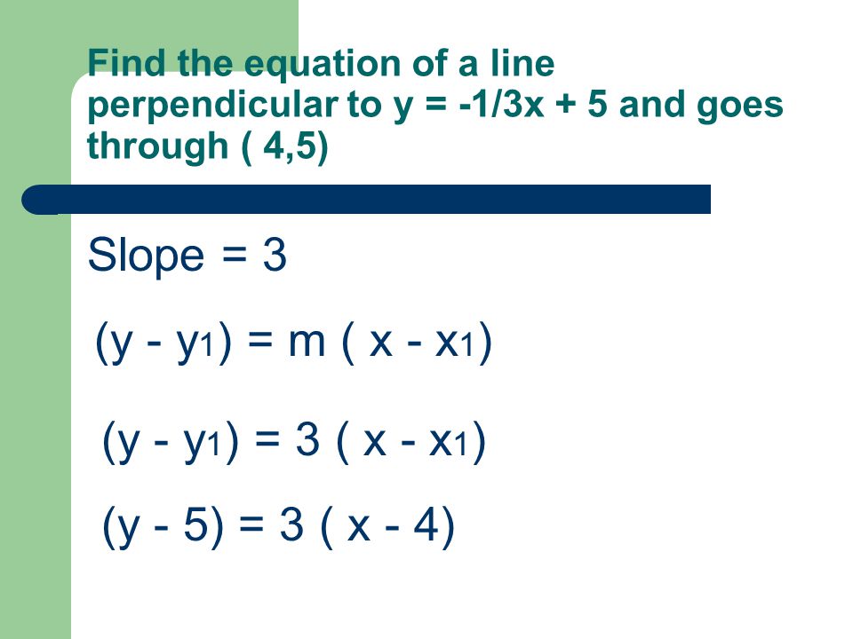 Find the equation of a line perpendicular to y = -1/3x + 5 and goes through ( 4,5) Slope = 3 (y - y 1 ) = m ( x - x 1 ) (y - y 1 ) = 3 ( x - x 1 ) (y - 5) = 3 ( x - 4)