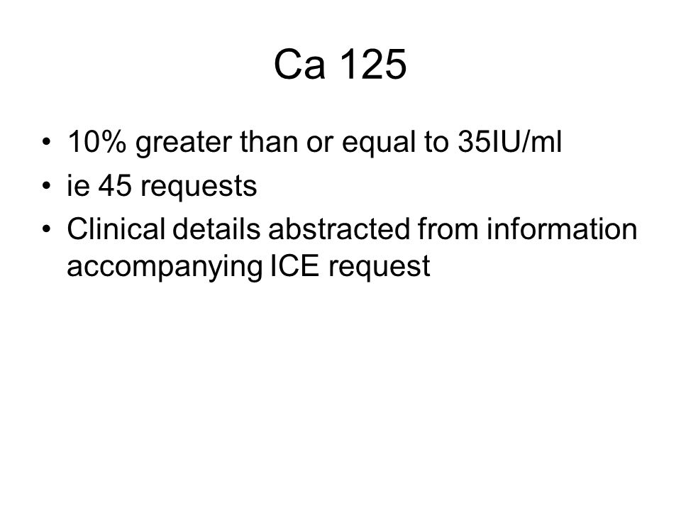 Ca % greater than or equal to 35IU/ml ie 45 requests Clinical details abstracted from information accompanying ICE request
