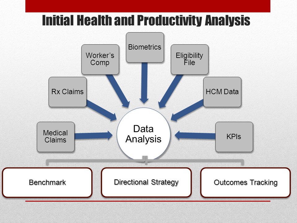 Initial Health and Productivity Analysis Data Analysis Medical Claims Rx Claims Worker’s Comp Biometrics Eligibility File HCM DataKPIs BenchmarkBenchmark Directional Strategy Outcomes Tracking