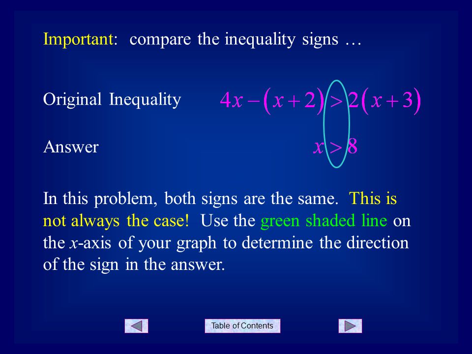 Table of Contents Original Inequality Important: compare the inequality signs … Answer In this problem, both signs are the same.