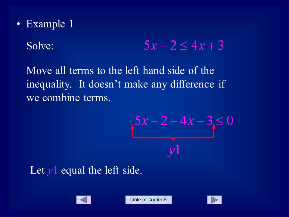Table of Contents Example 1 Solve: Move all terms to the left hand side of the inequality.