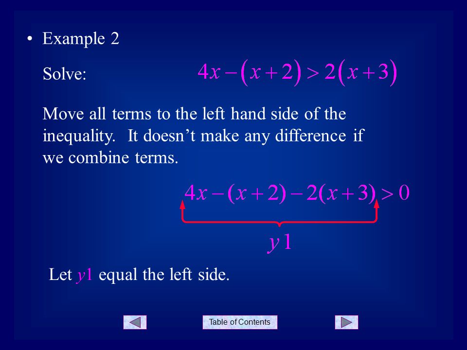 Table of Contents Example 2 Solve: Move all terms to the left hand side of the inequality.