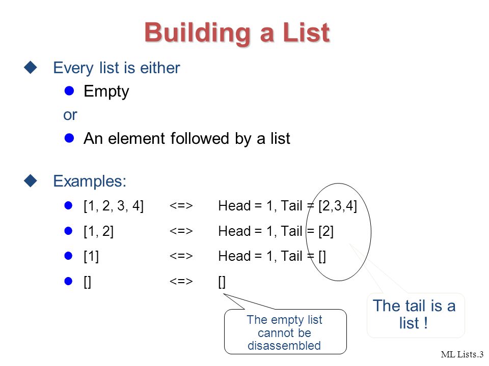 ML Lists.1 Standard ML Lists. ML Lists.2 Lists A list is a finite sequence of elements. [3,5,9] ["a", "list" ] [] ML lists are immutable. Elements. - ppt download - 웹