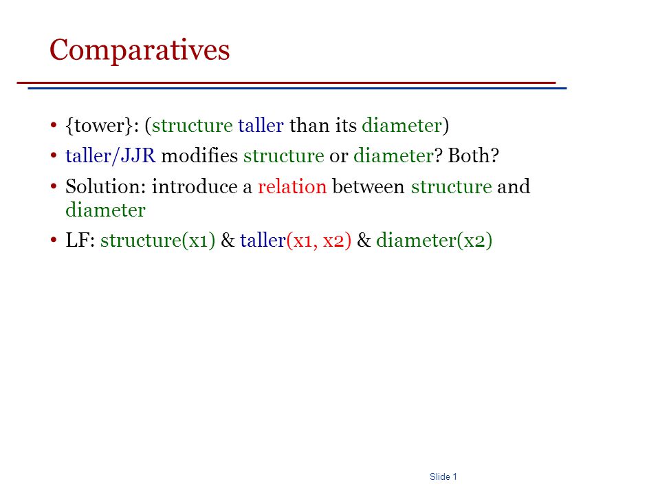 Slide 1 Comparatives {tower}: (structure taller than its diameter) taller/JJR modifies structure or diameter.