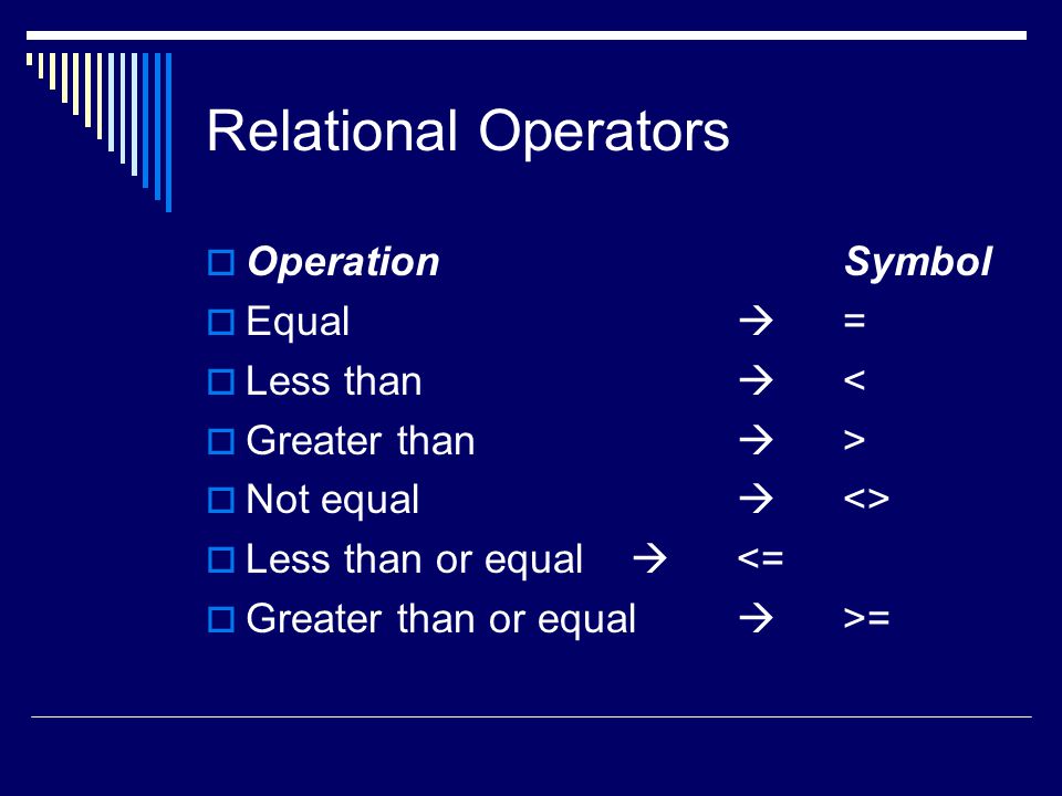 Visual Basic Statements Chapter 5. Relational Operators  OperationSymbol   Equal  =  Less than  <  Greater than  >  Not equal  <>  Less than.  - ppt download