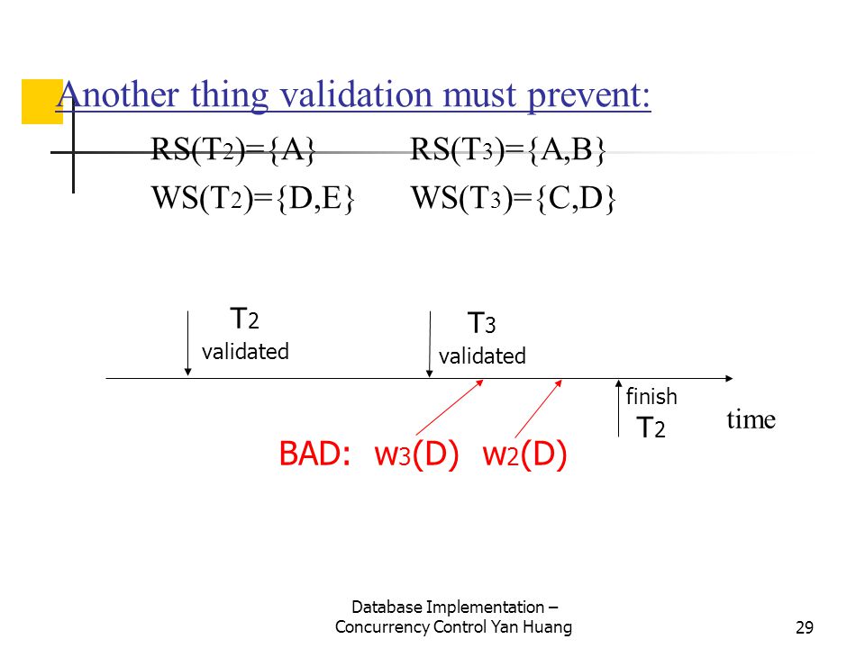 Database Implementation – Concurrency Control Yan Huang29 Another thing validation must prevent: RS(T 2 )={A} RS(T 3 )={A,B} WS(T 2 )={D,E} WS(T 3 )={C,D} time T 2 validated T 3 validated finish T 2 BAD: w 3 (D) w 2 (D)