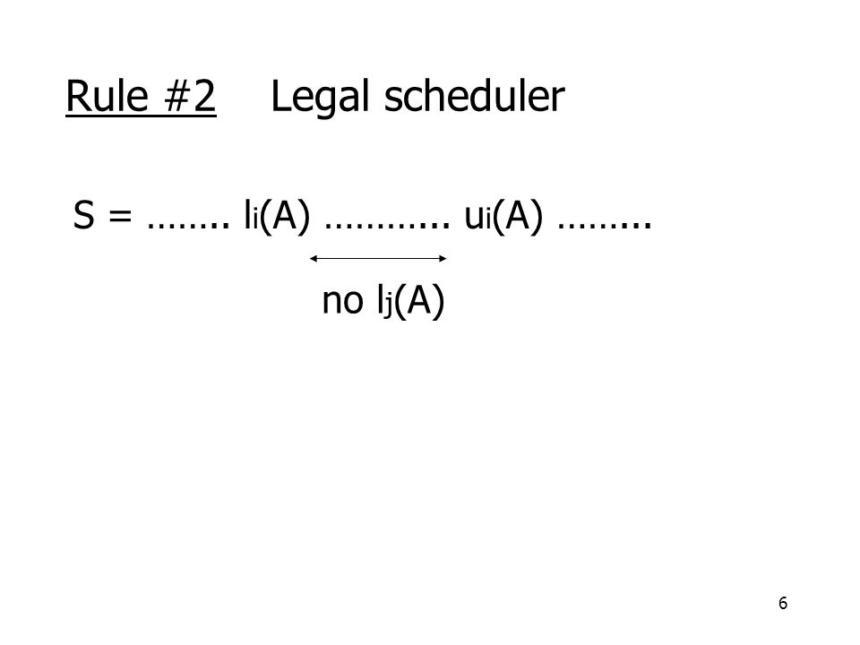 6 Rule #2 Legal scheduler S = …….. l i (A) ………... u i (A) ……... no l j (A)