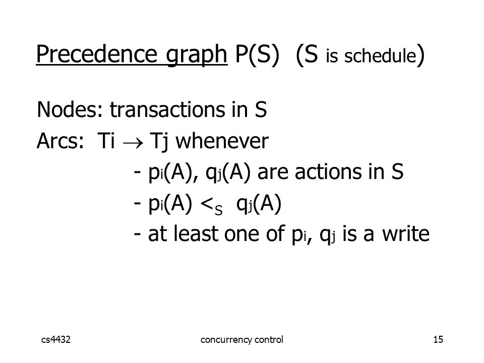 cs4432concurrency control15 Nodes: transactions in S Arcs: Ti  Tj whenever - p i (A), q j (A) are actions in S - p i (A) < S q j (A) - at least one of p i, q j is a write Precedence graph P(S) (S is schedule )