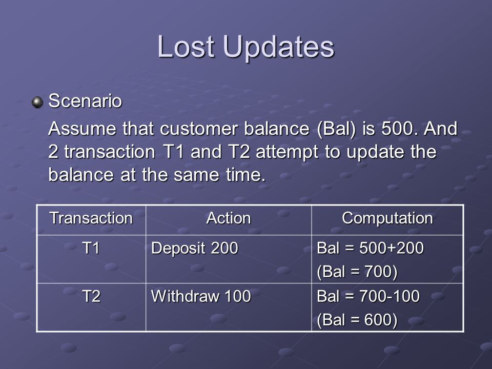 Lost Updates Scenario Assume that customer balance (Bal) is 500.