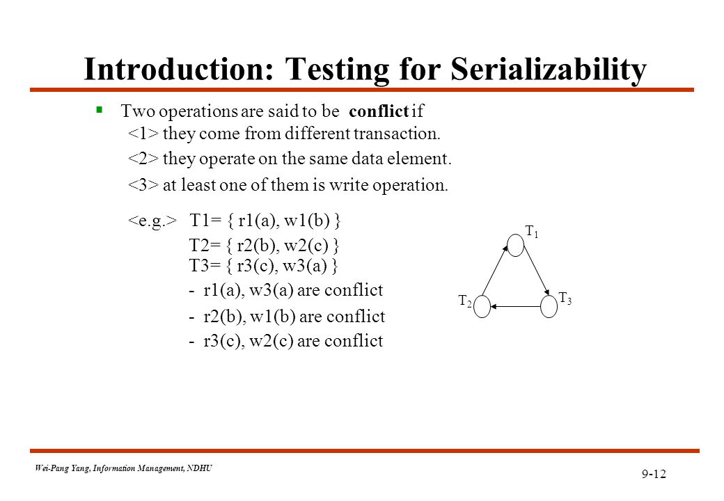 9-12 Wei-Pang Yang, Information Management, NDHU Introduction: Testing for Serializability  Two operations are said to be conflict if they come from different transaction.