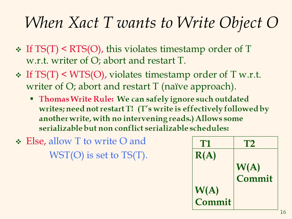 16 When Xact T wants to Write Object O  If TS(T) < RTS(O), this violates timestamp order of T w.r.t.