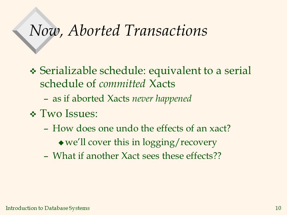 Introduction to Database Systems10 Now, Aborted Transactions v Serializable schedule: equivalent to a serial schedule of committed Xacts –as if aborted Xacts never happened v Two Issues: –How does one undo the effects of an xact.