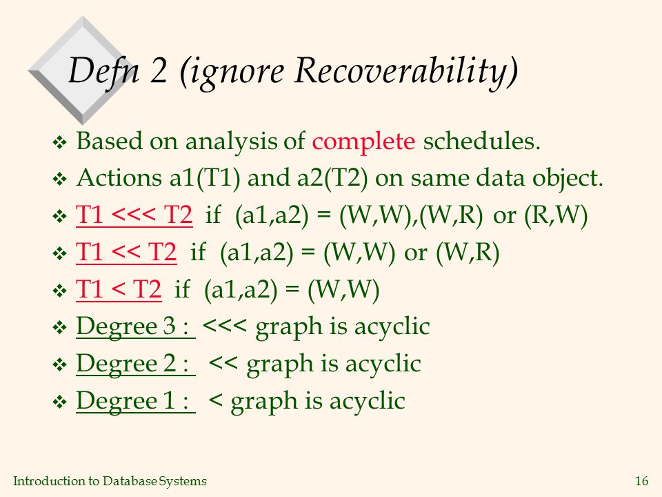 Introduction to Database Systems16 Defn 2 (ignore Recoverability) v Based on analysis of complete schedules.