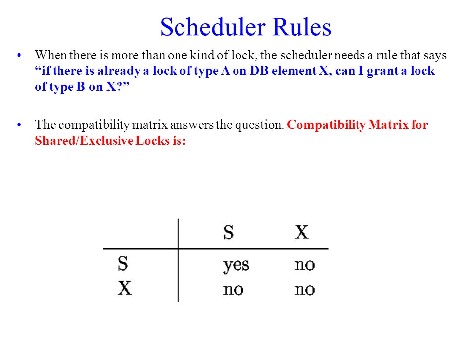 Scheduler Rules When there is more than one kind of lock, the scheduler needs a rule that says if there is already a lock of type A on DB element X, can I grant a lock of type B on X The compatibility matrix answers the question.