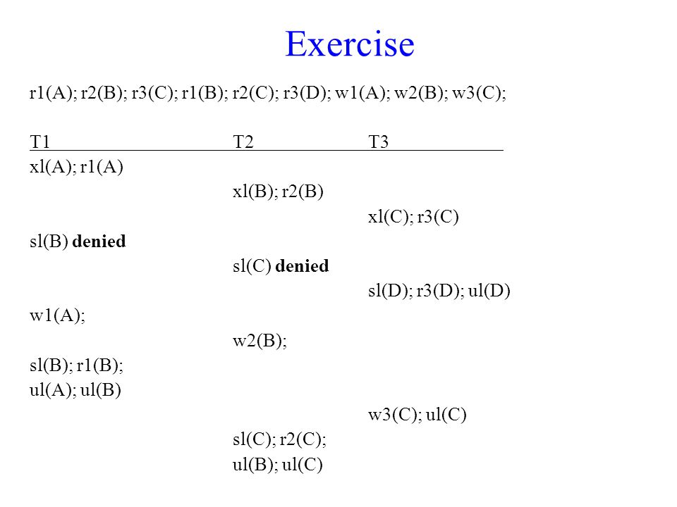 Exercise r1(A); r2(B); r3(C); r1(B); r2(C); r3(D); w1(A); w2(B); w3(C); T1T2T3 xl(A); r1(A) xl(B); r2(B) xl(C); r3(C) sl(B) denied sl(C) denied sl(D); r3(D); ul(D) w1(A); w2(B); sl(B); r1(B); ul(A); ul(B) w3(C); ul(C) sl(C); r2(C); ul(B); ul(C)