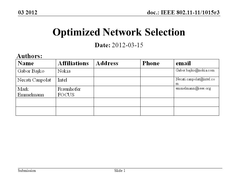 doc.: IEEE /1015r3 Submission Slide 1 Optimized Network Selection Date: Authors: