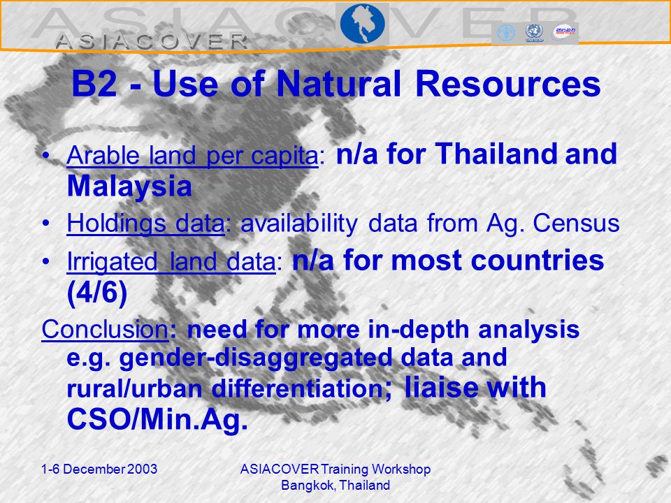 1-6 December 2003ASIACOVER Training Workshop Bangkok, Thailand B2 - Use of Natural Resources Arable land per capita: n/a for Thailand and Malaysia Holdings data: availability data from Ag.