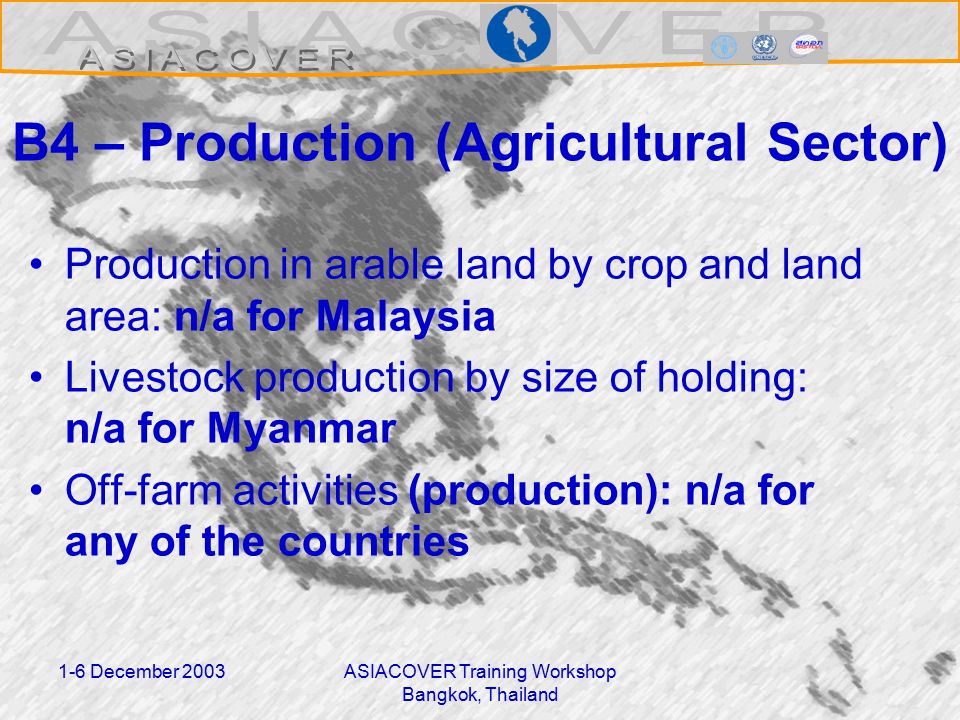 1-6 December 2003ASIACOVER Training Workshop Bangkok, Thailand B4 – Production (Agricultural Sector) Production in arable land by crop and land area: n/a for Malaysia Livestock production by size of holding: n/a for Myanmar Off-farm activities (production): n/a for any of the countries