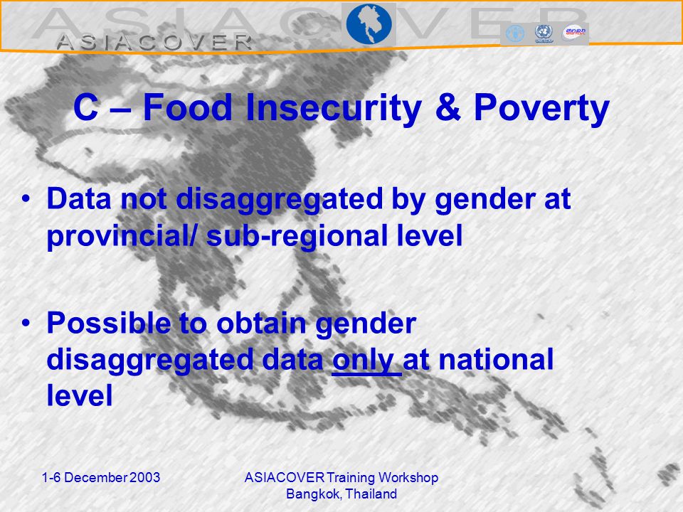 1-6 December 2003ASIACOVER Training Workshop Bangkok, Thailand C – Food Insecurity & Poverty Data not disaggregated by gender at provincial/ sub-regional level Possible to obtain gender disaggregated data only at national level