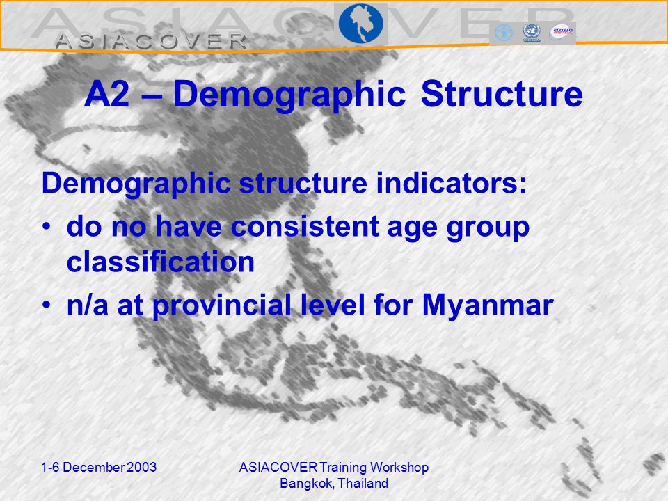 1-6 December 2003ASIACOVER Training Workshop Bangkok, Thailand A2 – Demographic Structure Demographic structure indicators: do no have consistent age group classification n/a at provincial level for Myanmar